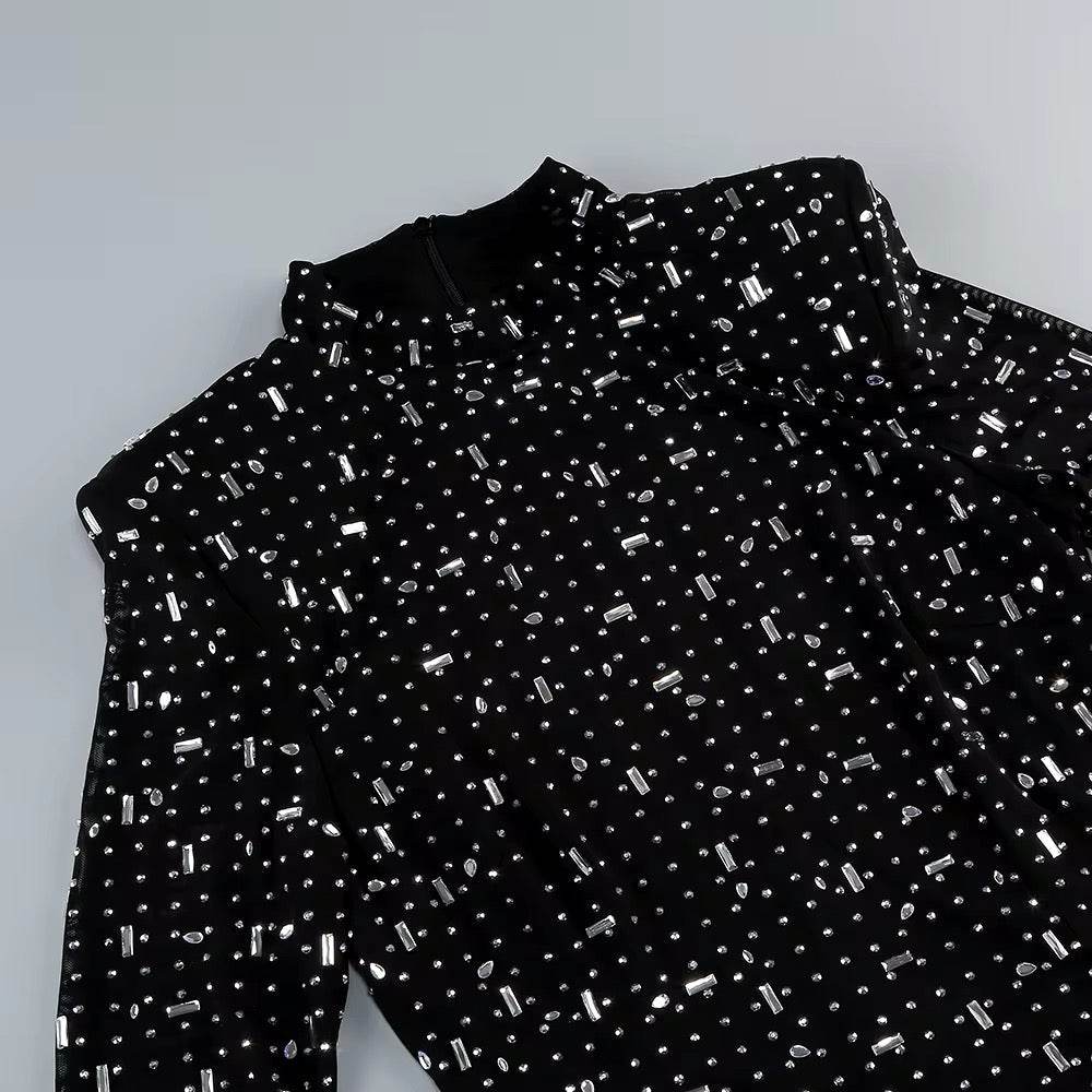 Turtleneck Long Sleeve Mesh Crystal Diamond Long Dress - REBECATHELABEL