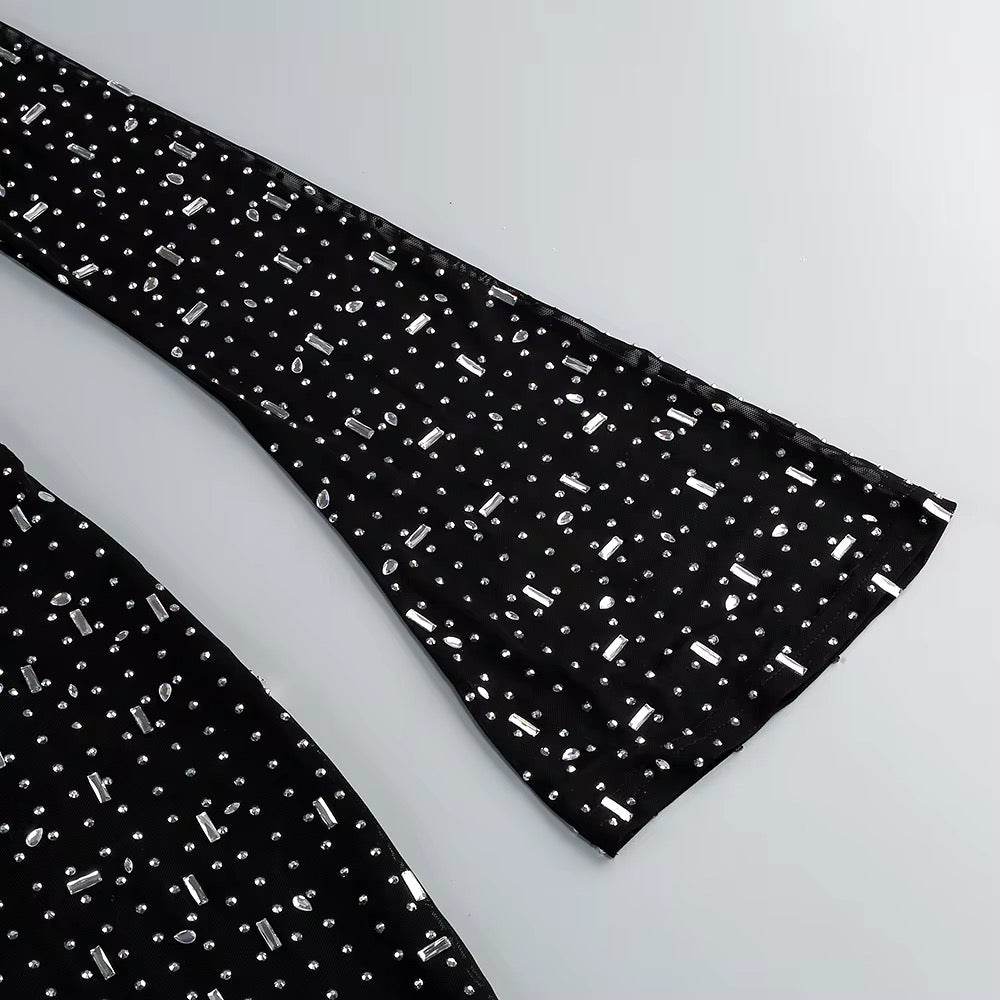 Turtleneck Long Sleeve Mesh Crystal Diamond Long Dress - REBECATHELABEL