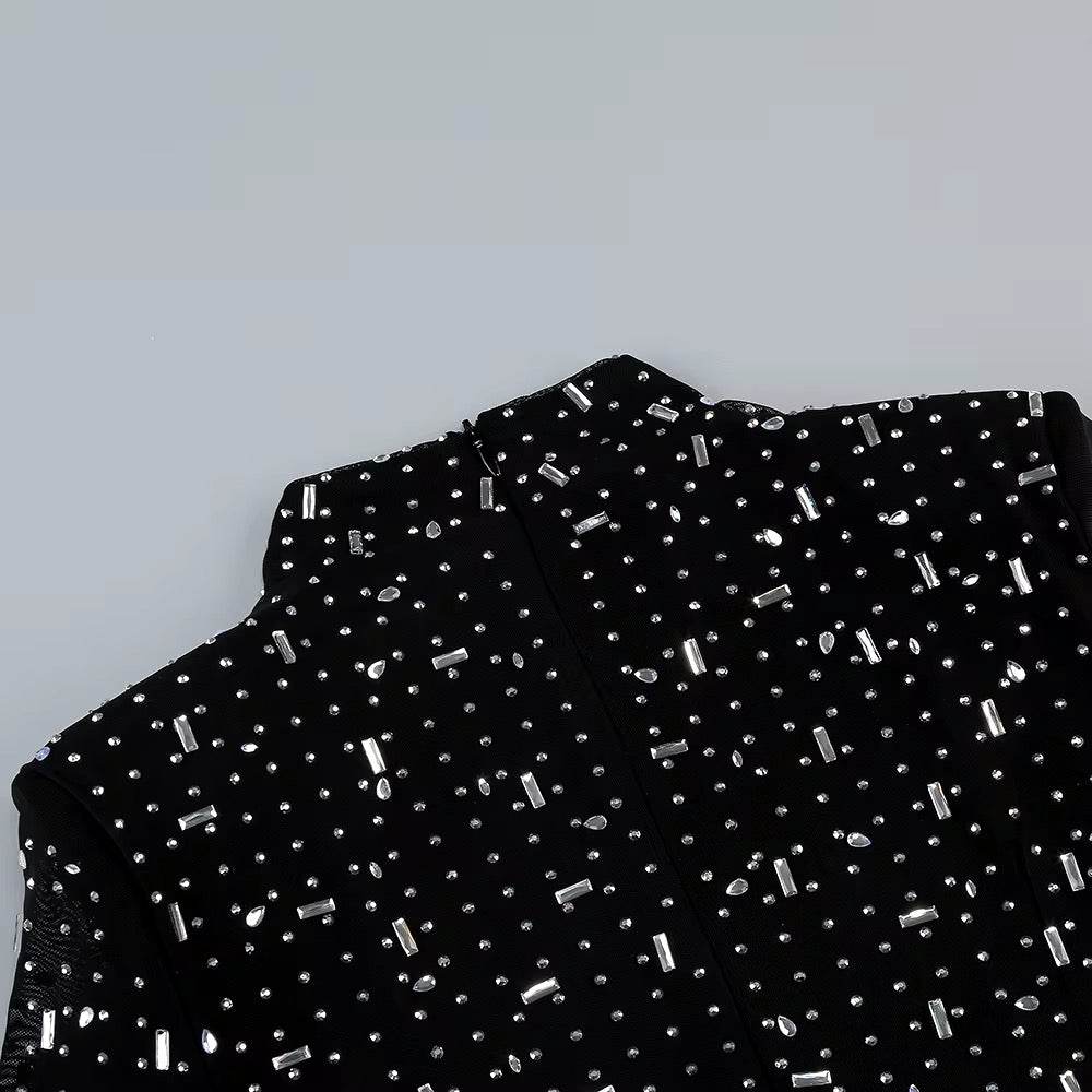 Turtleneck Long Sleeve Mesh Crystal Diamond Long Dress - REBECATHELABEL