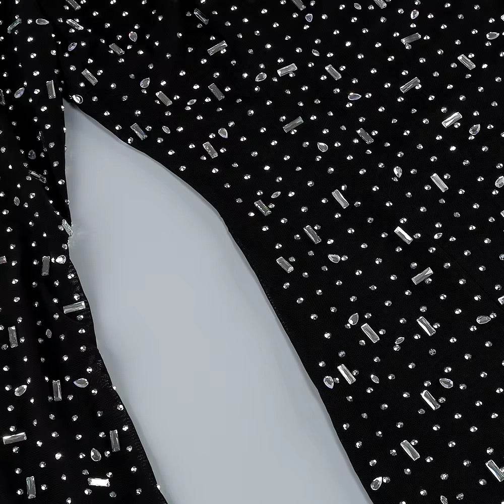 Turtleneck Long Sleeve Mesh Crystal Diamond Long Dress - REBECATHELABEL