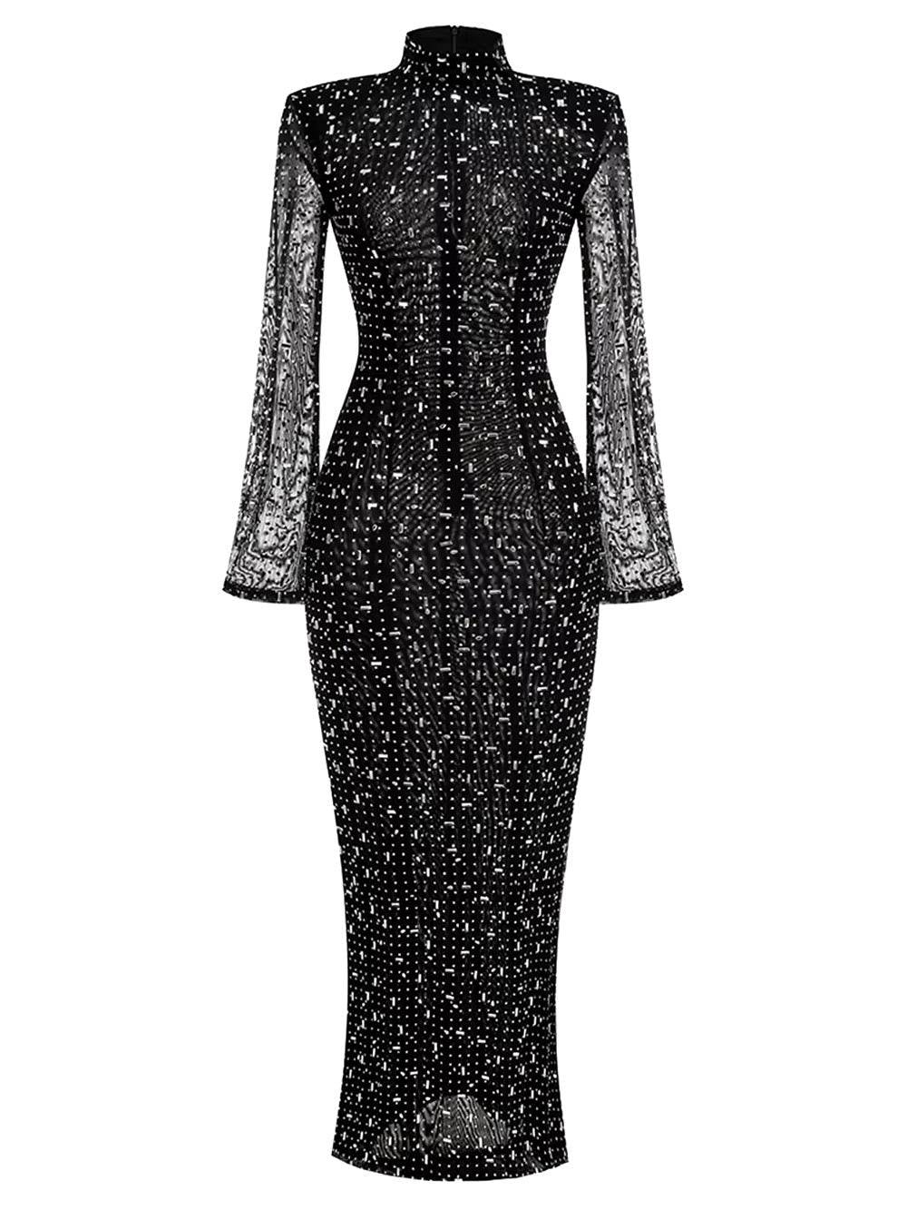 Turtleneck Long Sleeve Mesh Crystal Diamond Long Dress - REBECATHELABEL