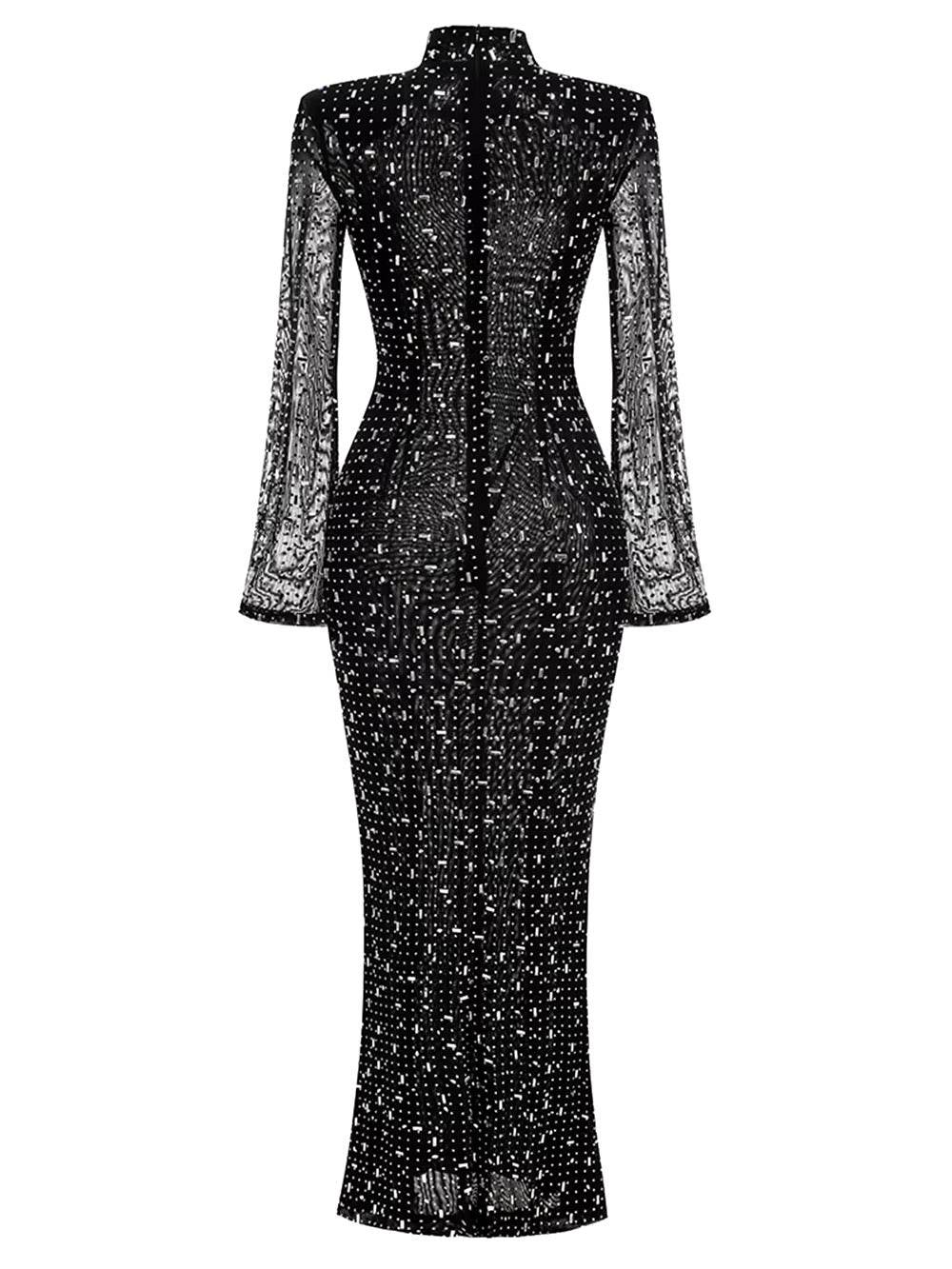 Turtleneck Long Sleeve Mesh Crystal Diamond Long Dress - REBECATHELABEL