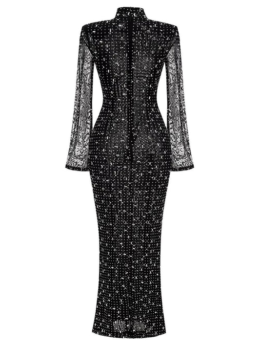 Turtleneck Long Sleeve Mesh Crystal Diamond Long Dress - REBECATHELABEL