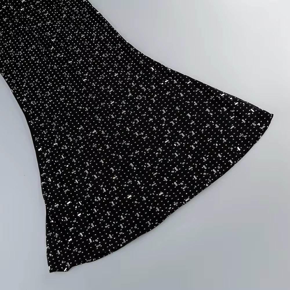 Turtleneck Long Sleeve Mesh Crystal Diamond Long Dress - REBECATHELABEL