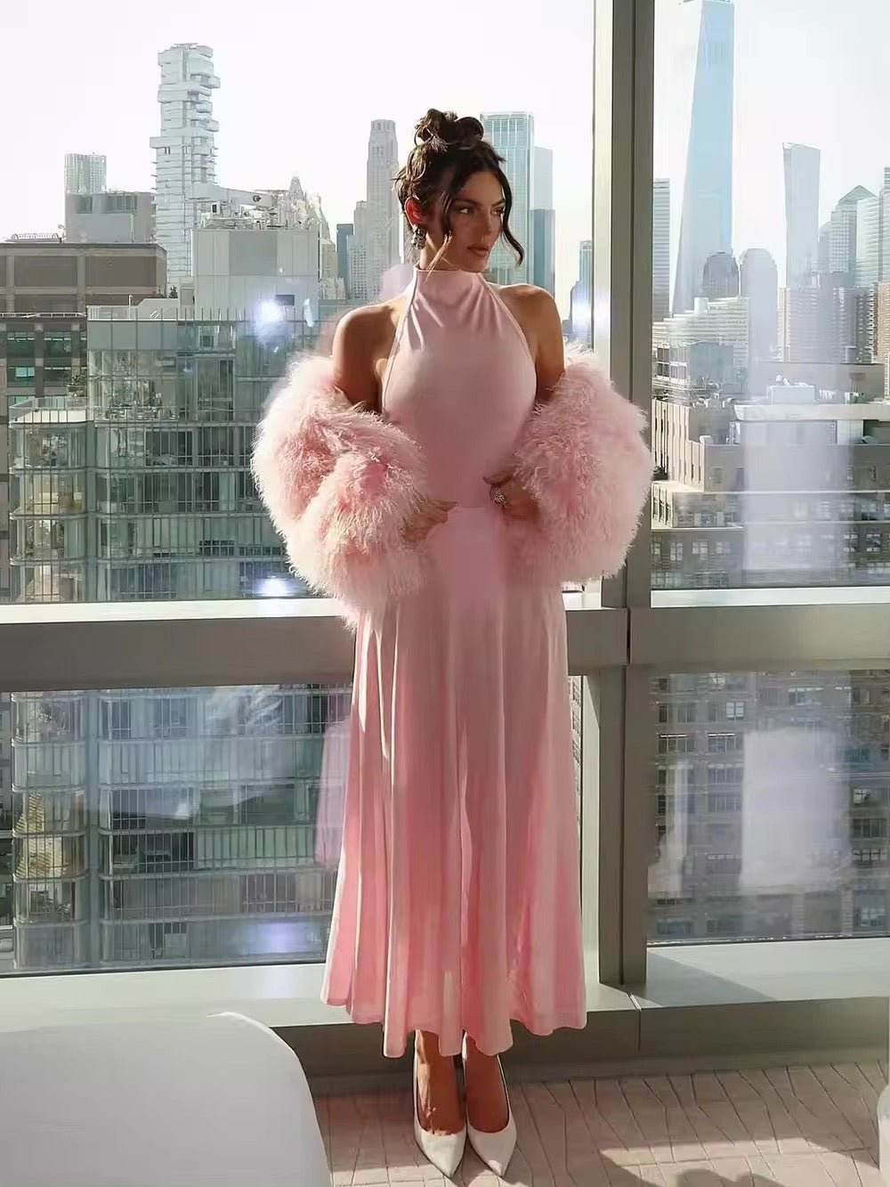 Turtleneck Patchwork Perspective Pink Sexy Maxi One-Piece Dress - REBECATHELABEL