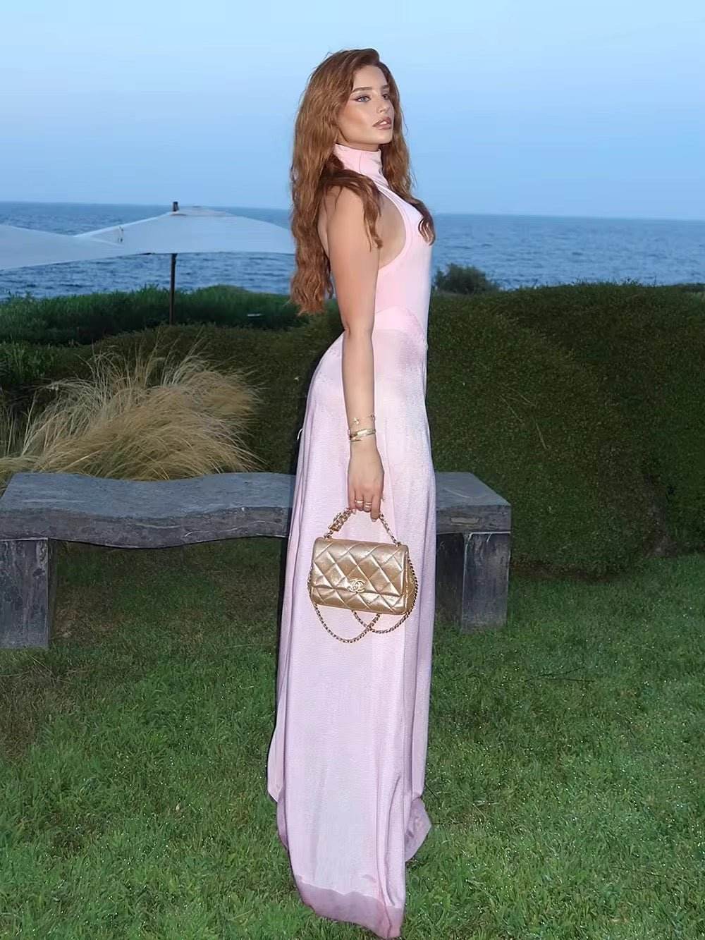 Turtleneck Patchwork Perspective Pink Sexy Maxi One-Piece Dress - REBECATHELABEL