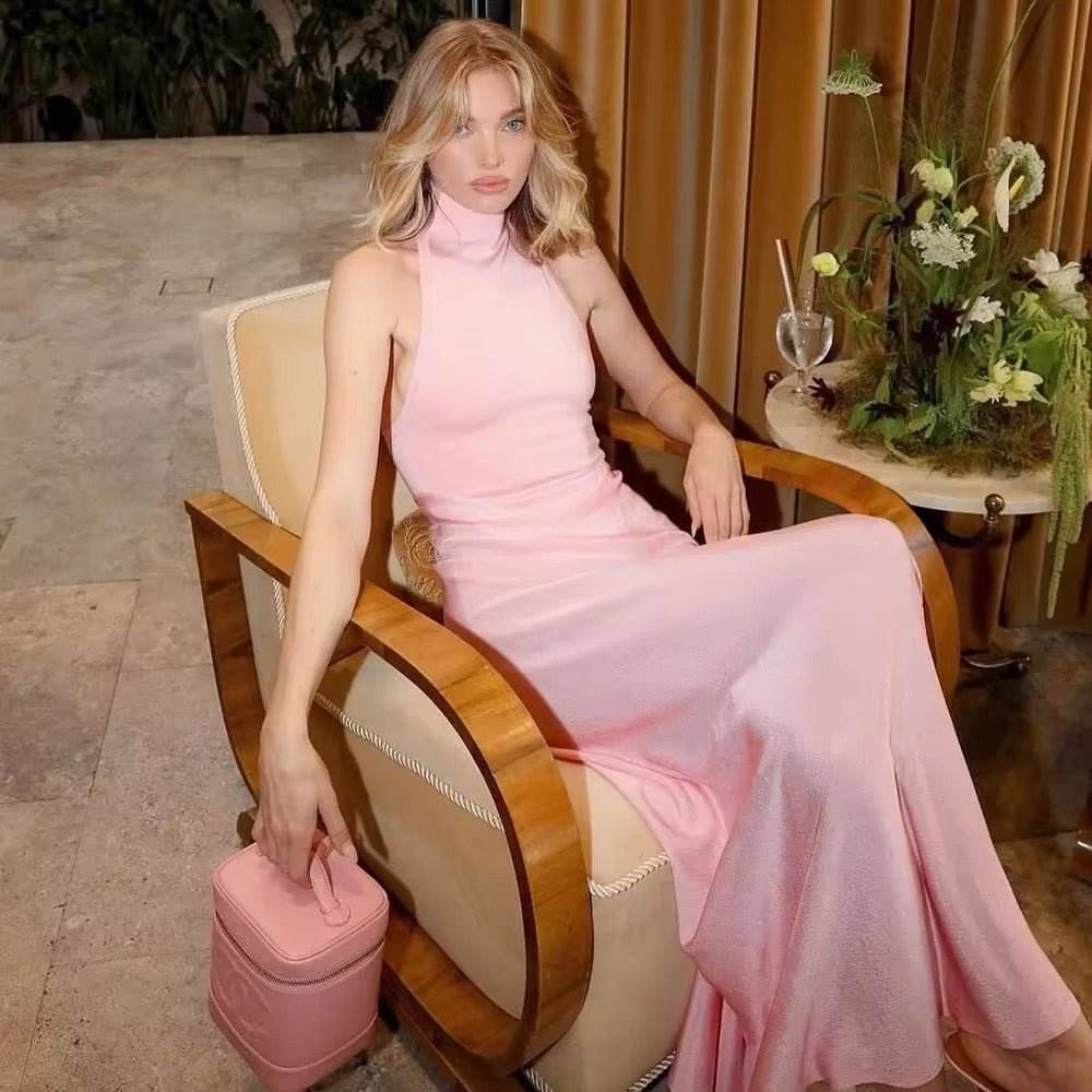 Turtleneck Patchwork Perspective Pink Sexy Maxi One-Piece Dress - REBECATHELABEL