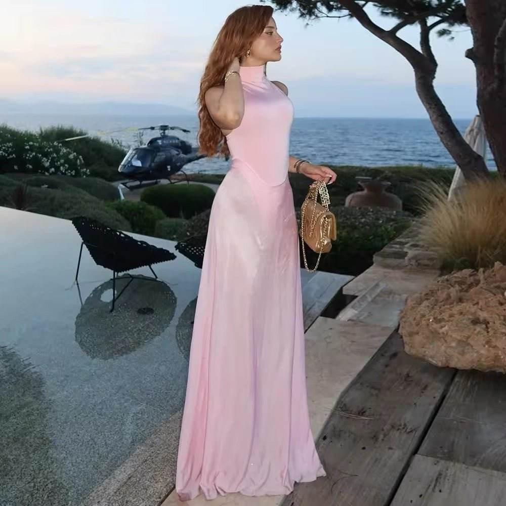 Turtleneck Patchwork Perspective Pink Sexy Maxi One-Piece Dress - REBECATHELABEL