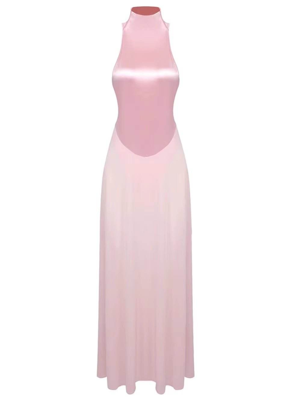 Turtleneck Patchwork Perspective Pink Sexy Maxi One-Piece Dress - REBECATHELABEL