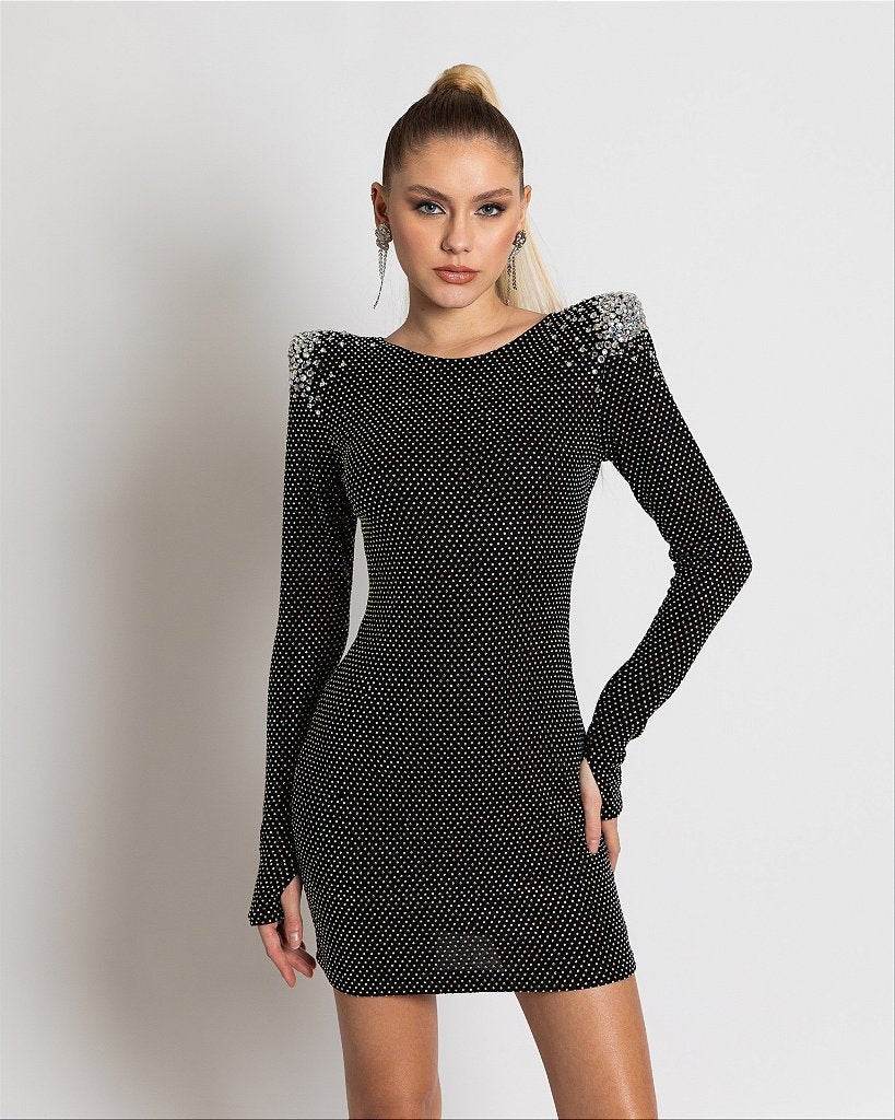 Two Ways To Wear Shiny Diamond Design Long Sleeve Bandage Dress - REBECATHELABEL