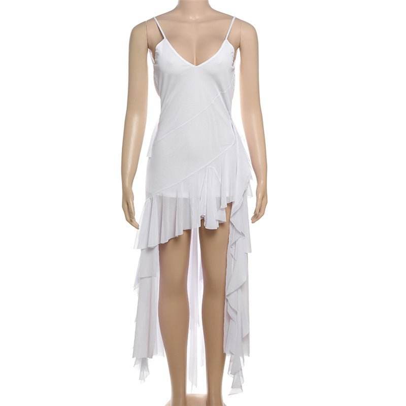 V neck Backless Solid Color Irregular Asymmetric Mesh Sling Dress - REBECATHELABEL