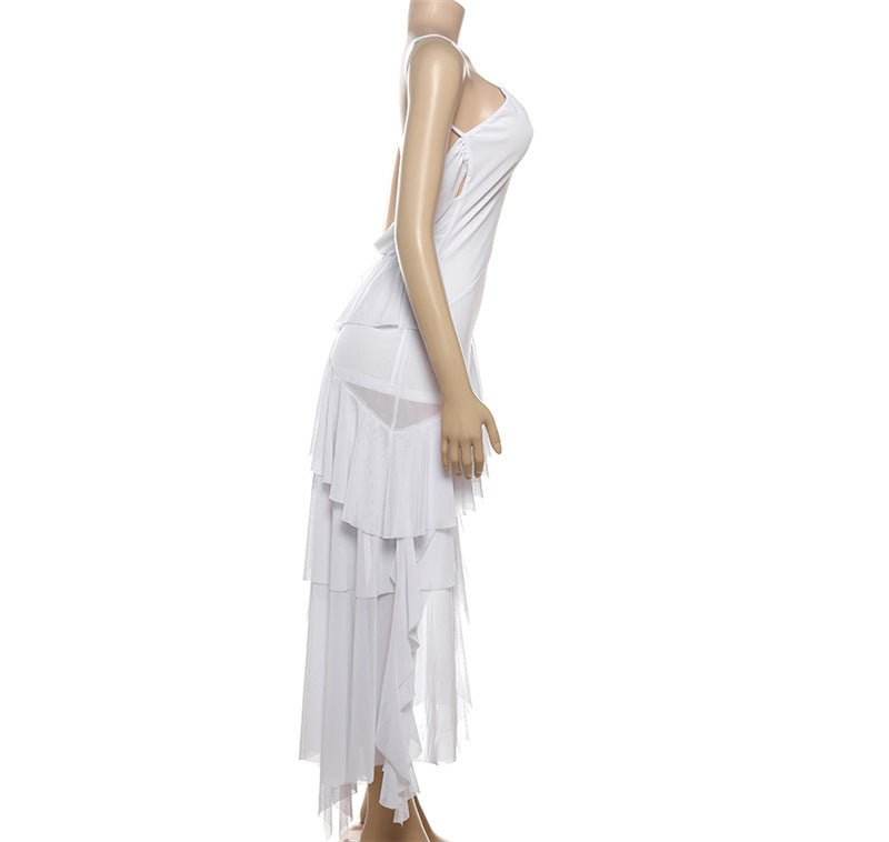 V neck Backless Solid Color Irregular Asymmetric Mesh Sling Dress - REBECATHELABEL