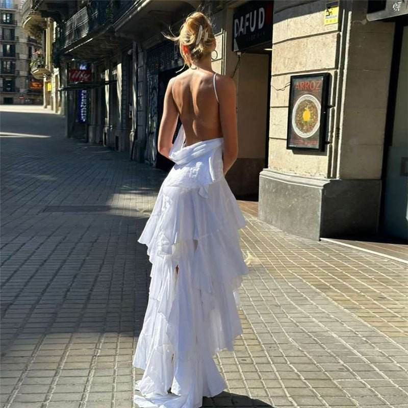 V neck Backless Solid Color Irregular Asymmetric Mesh Sling Dress - REBECATHELABEL