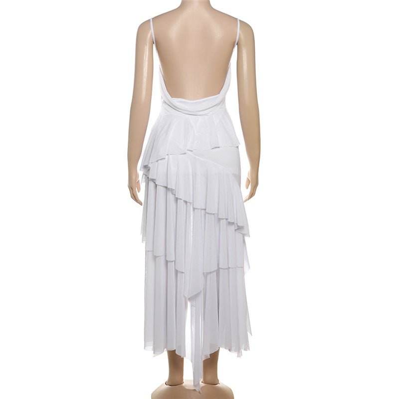 V neck Backless Solid Color Irregular Asymmetric Mesh Sling Dress - REBECATHELABEL