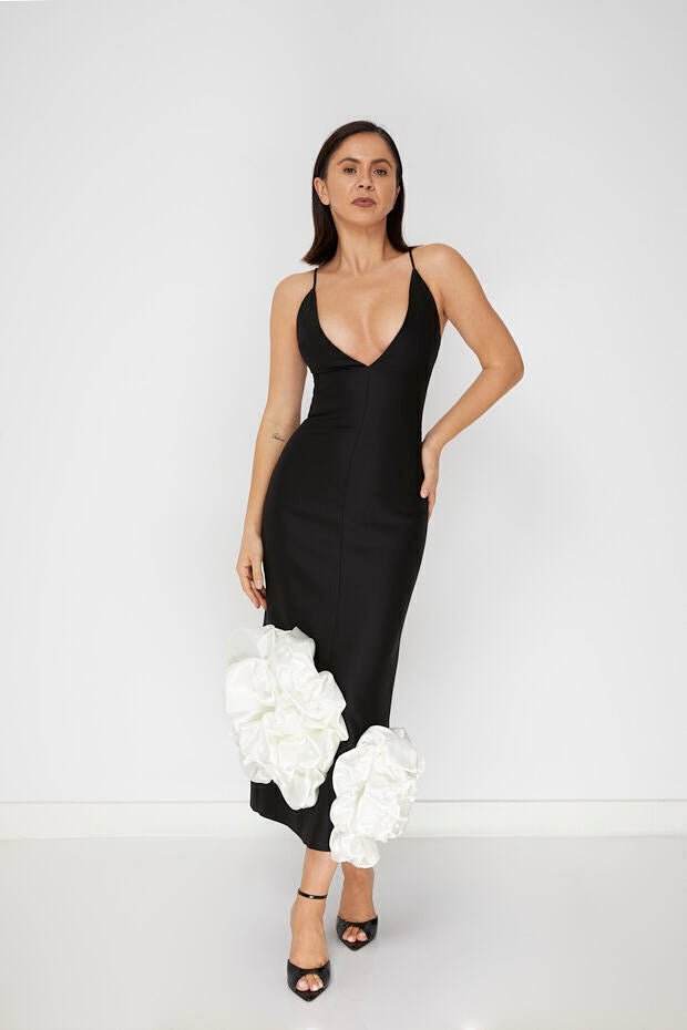 V-neck Flower Decal Medium Length Bandage Dress - REBECATHELABEL