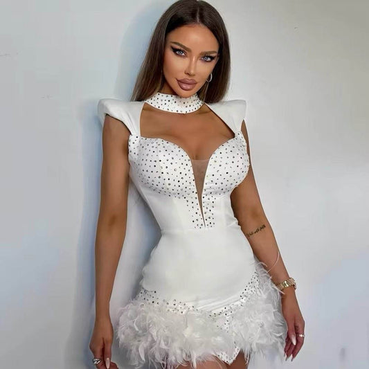 V-neck Sleeveless Feather Diamond Tight Mini Bandage Dress - REBECATHELABEL