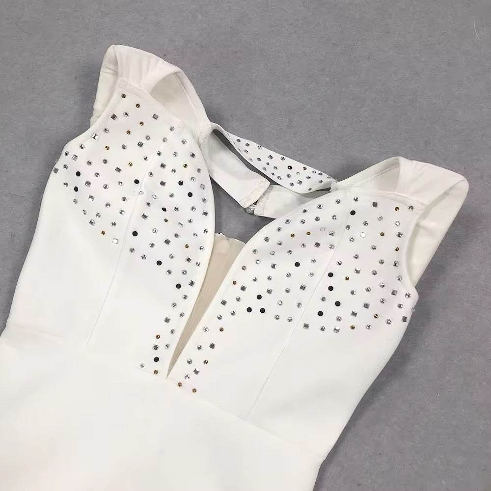 V-neck Sleeveless Feather Diamond Tight Mini Bandage Dress - REBECATHELABEL