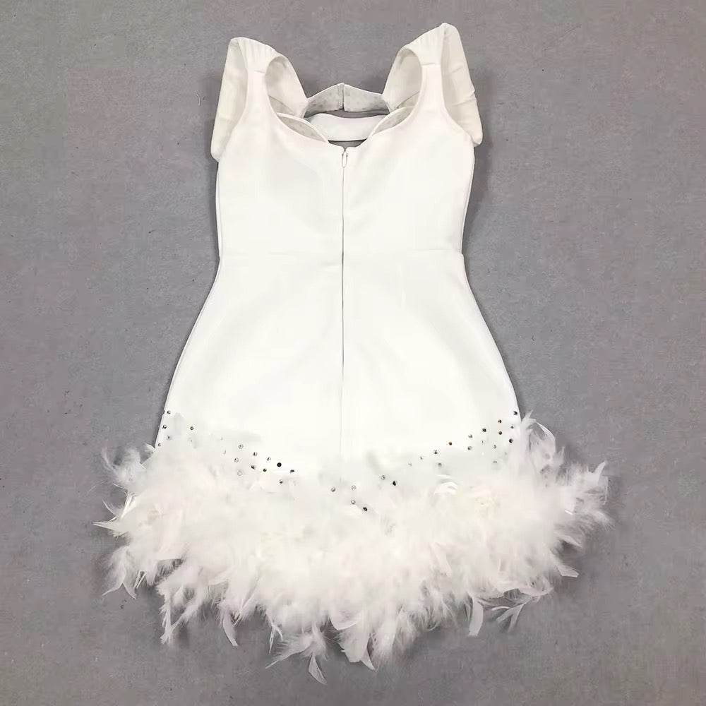 V-neck Sleeveless Feather Diamond Tight Mini Bandage Dress - REBECATHELABEL
