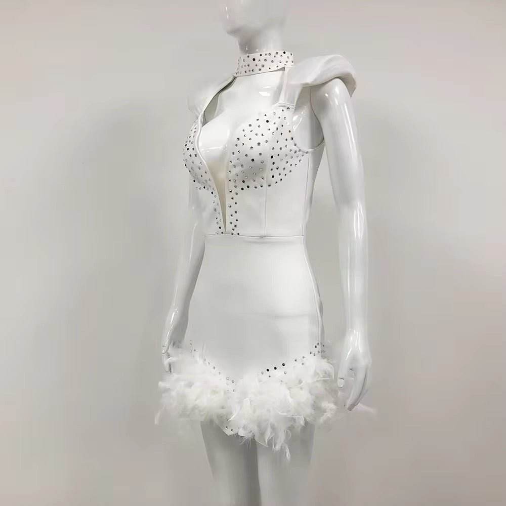 V-neck Sleeveless Feather Diamond Tight Mini Bandage Dress - REBECATHELABEL