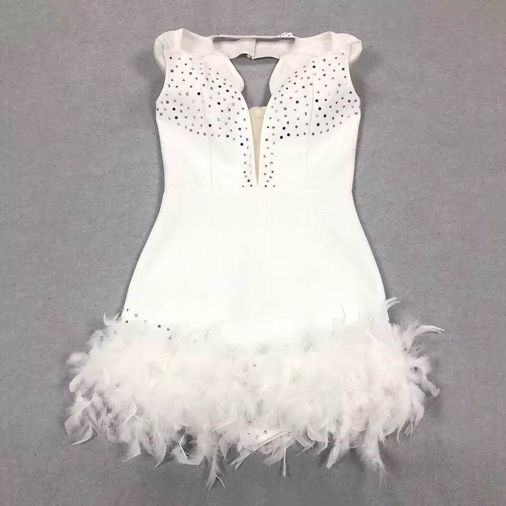 V-neck Sleeveless Feather Diamond Tight Mini Bandage Dress - REBECATHELABEL