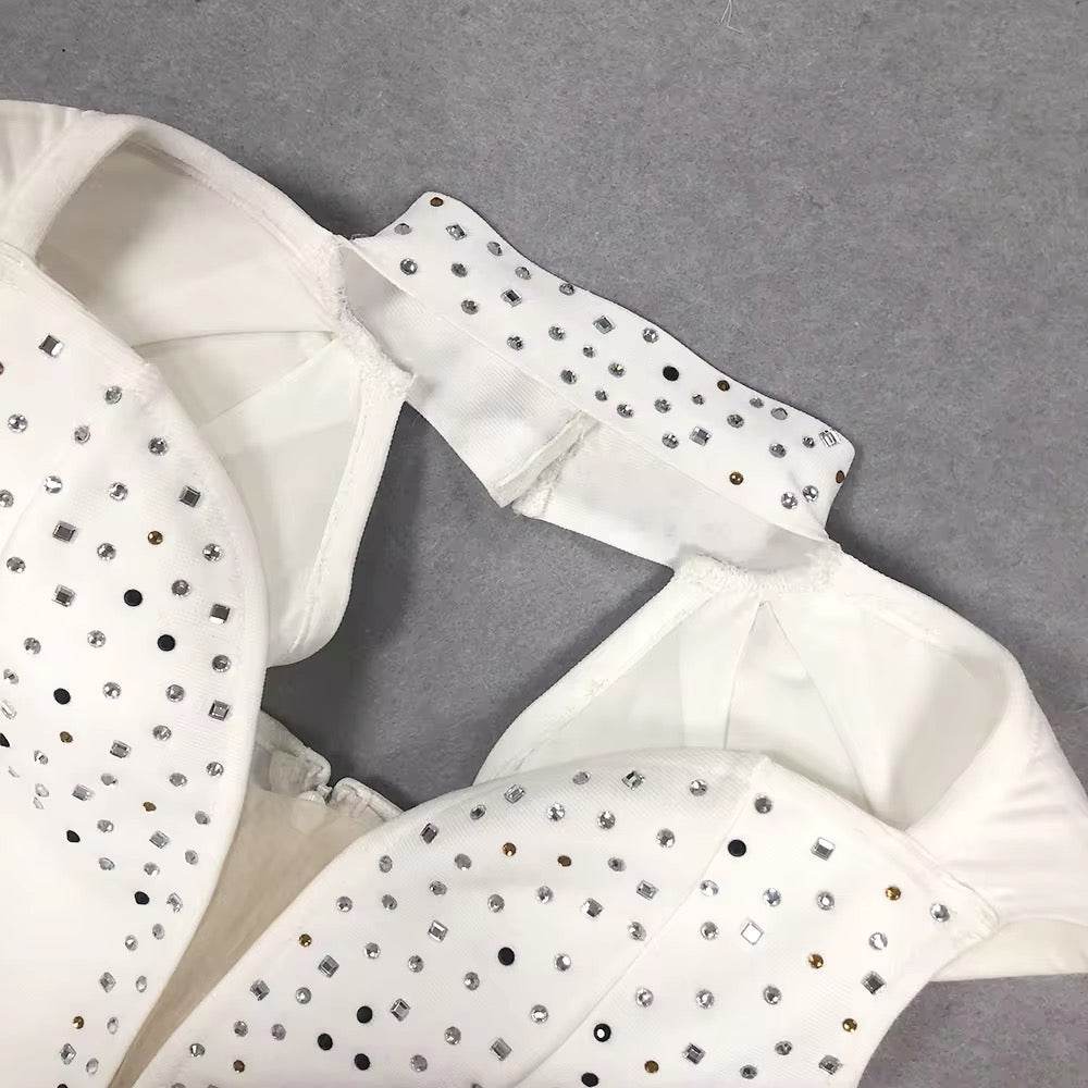 V-neck Sleeveless Feather Diamond Tight Mini Bandage Dress - REBECATHELABEL