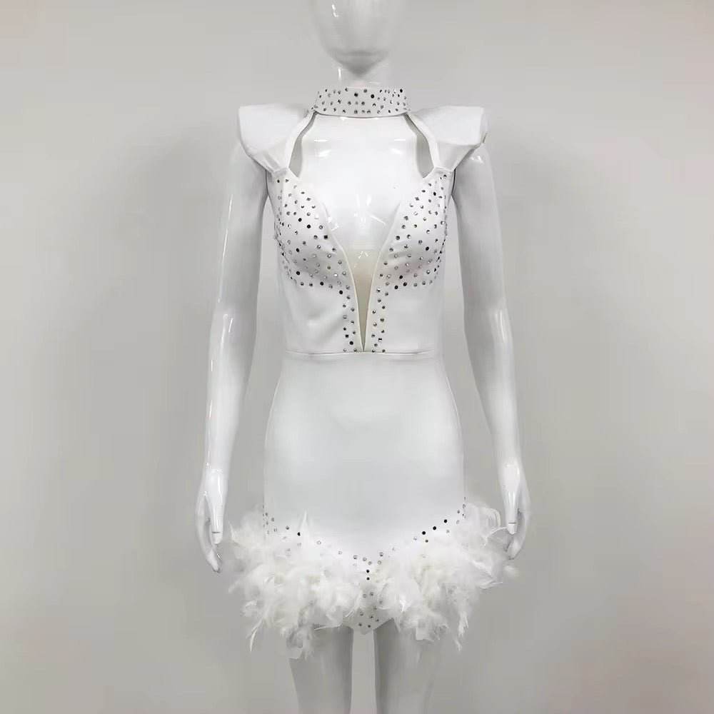 V-neck Sleeveless Feather Diamond Tight Mini Bandage Dress - REBECATHELABEL