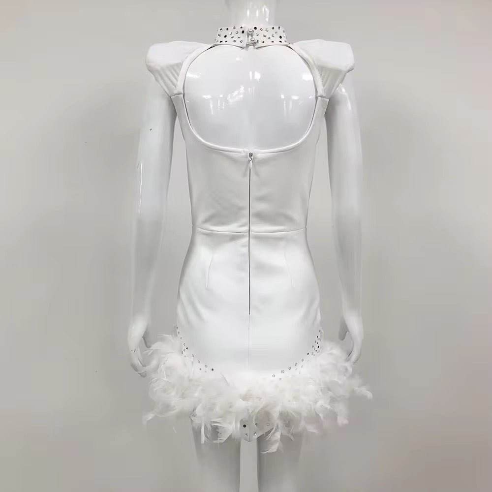 V-neck Sleeveless Feather Diamond Tight Mini Bandage Dress - REBECATHELABEL