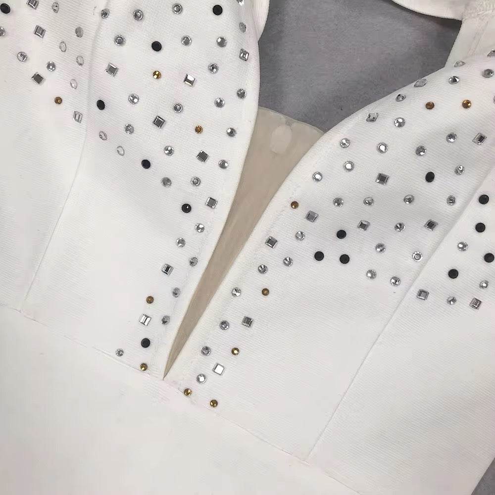 V-neck Sleeveless Feather Diamond Tight Mini Bandage Dress - REBECATHELABEL