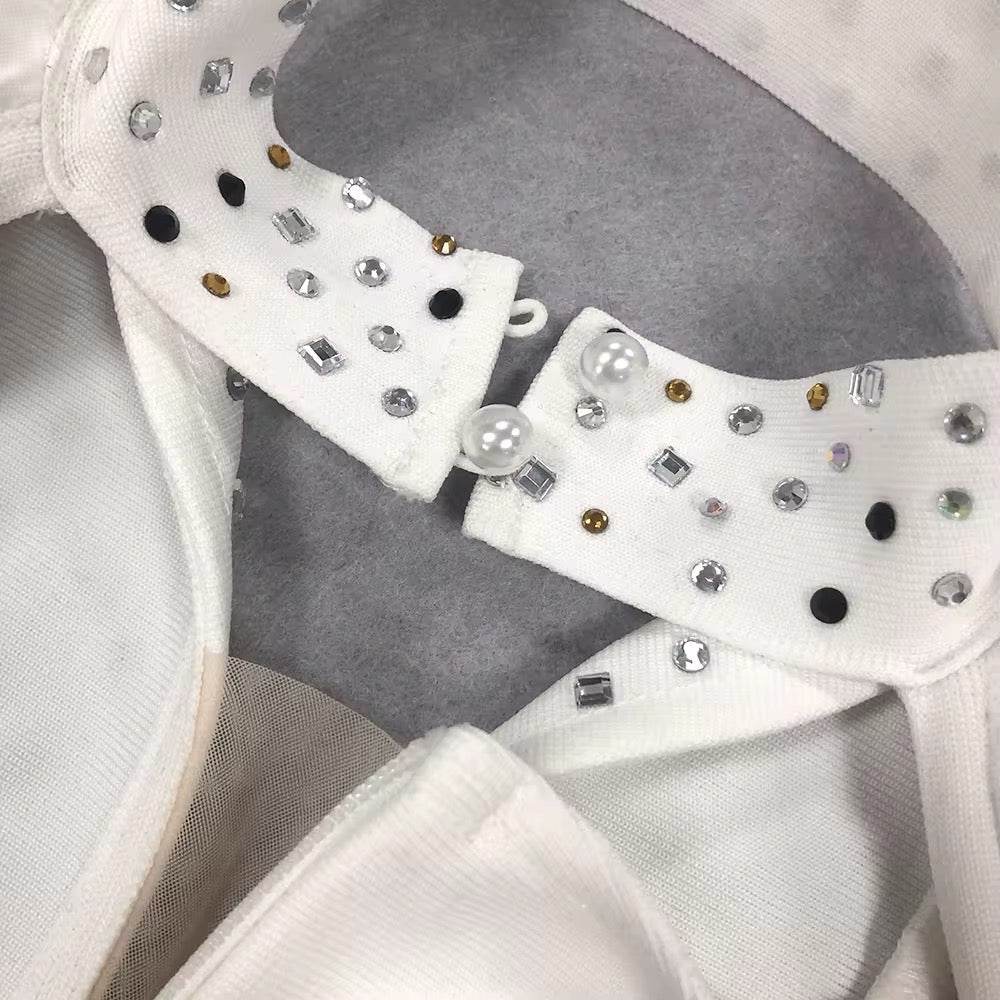 V-neck Sleeveless Feather Diamond Tight Mini Bandage Dress - REBECATHELABEL