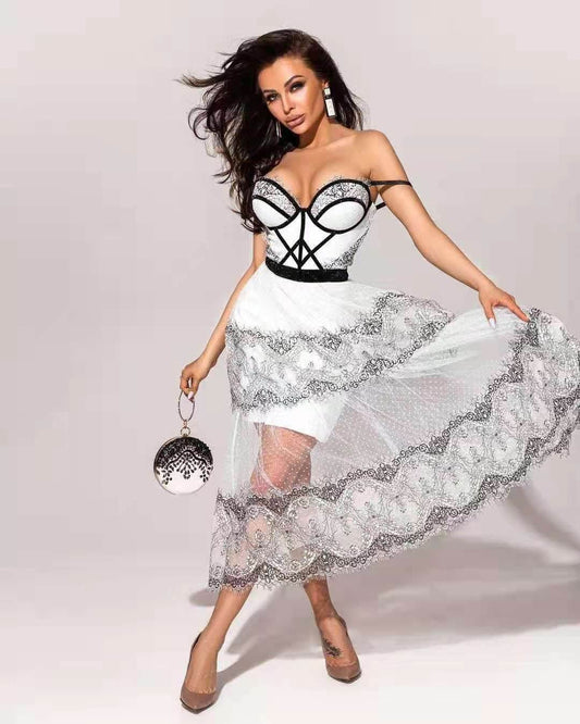 V-Neck Sleeveless Lace Mid-Calf Bandage Dress - REBECATHELABEL