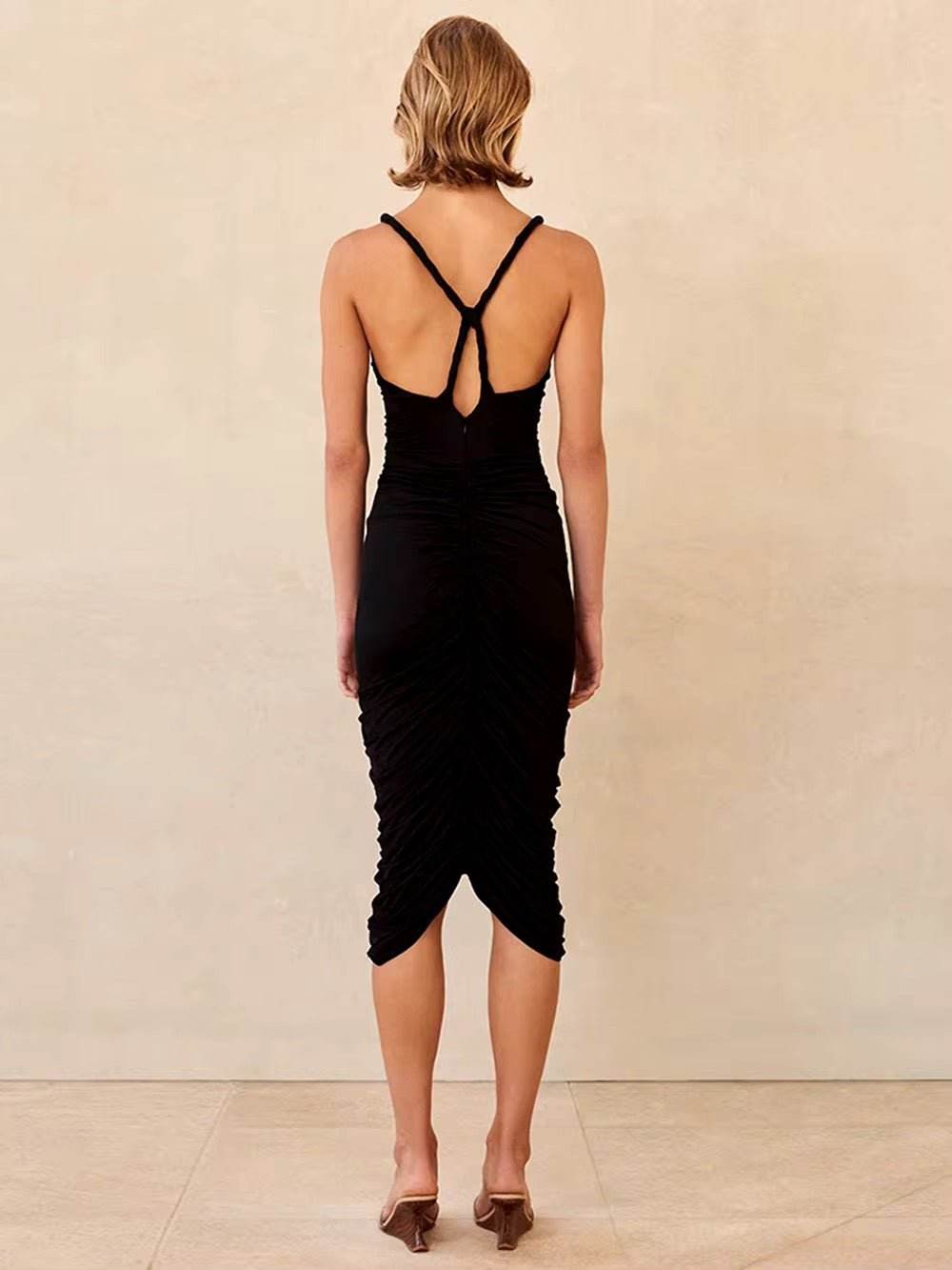 V-Neck Spaghetti Strap Metal Sheet Pleated Dress Sleeveless Backless dress - REBECATHELABEL