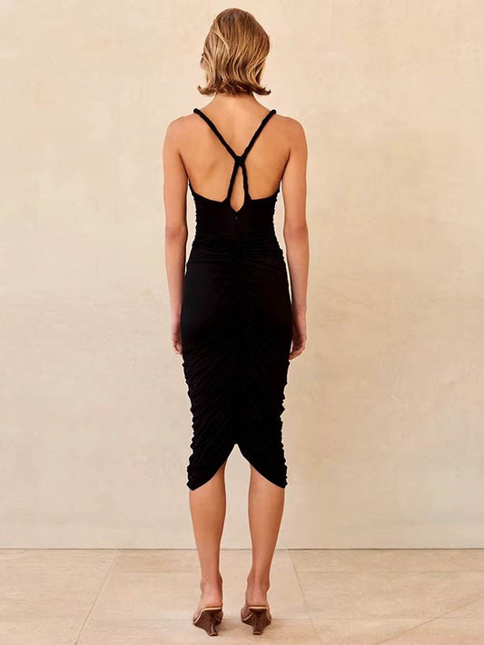 V-Neck Spaghetti Strap Metal Sheet Pleated Dress Sleeveless Backless dress - REBECATHELABEL