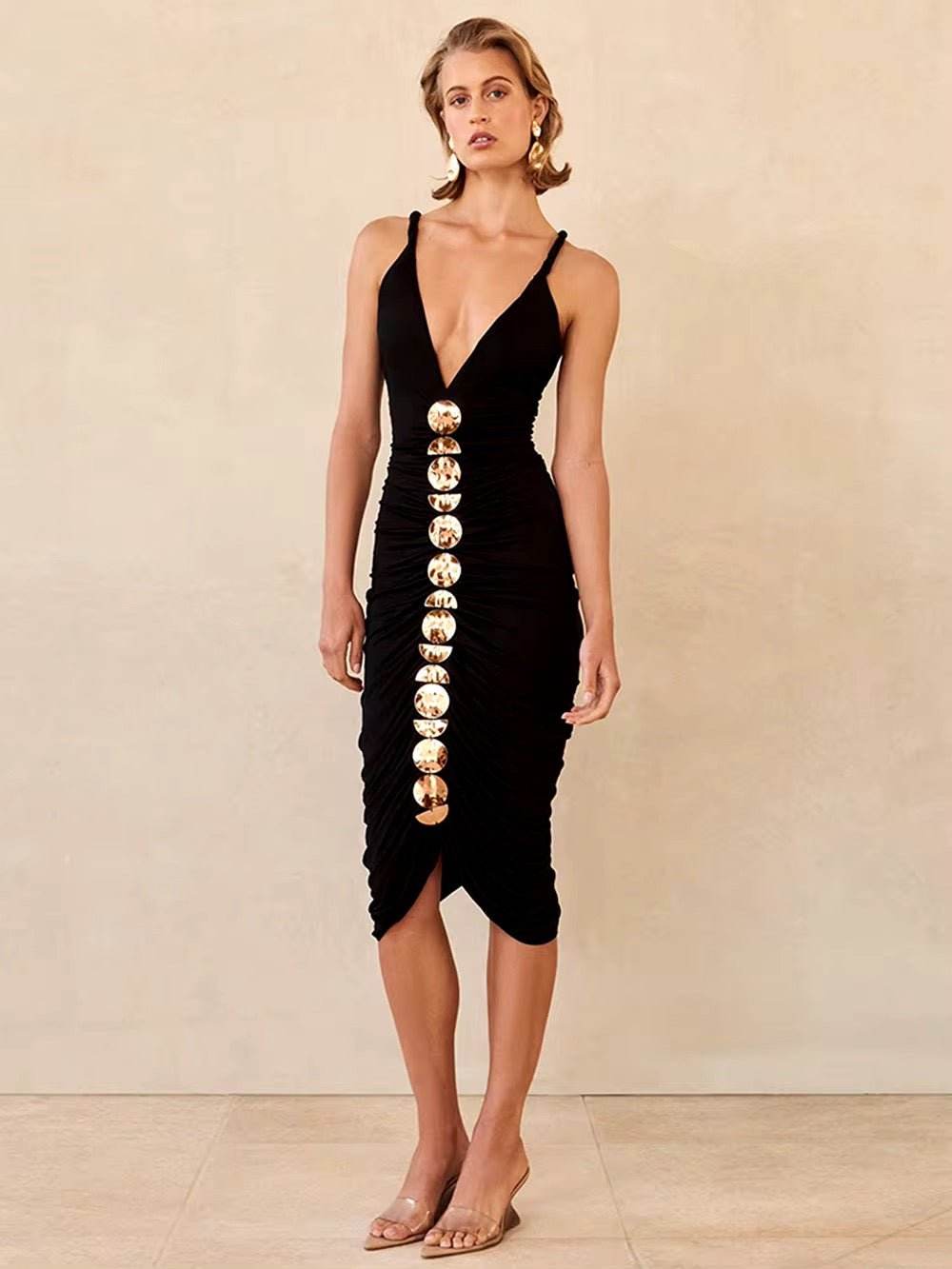 V-Neck Spaghetti Strap Metal Sheet Pleated Dress Sleeveless Backless dress - REBECATHELABEL