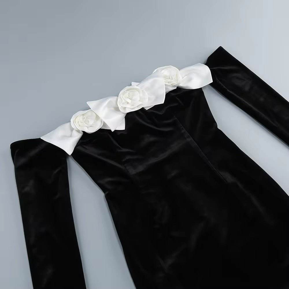 Velvet Strapless 3D Flowers Long sleeves Off Shoulder Dress - REBECATHELABEL