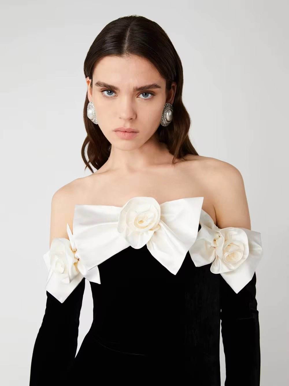 Velvet Strapless 3D Flowers Long sleeves Off Shoulder Dress - REBECATHELABEL