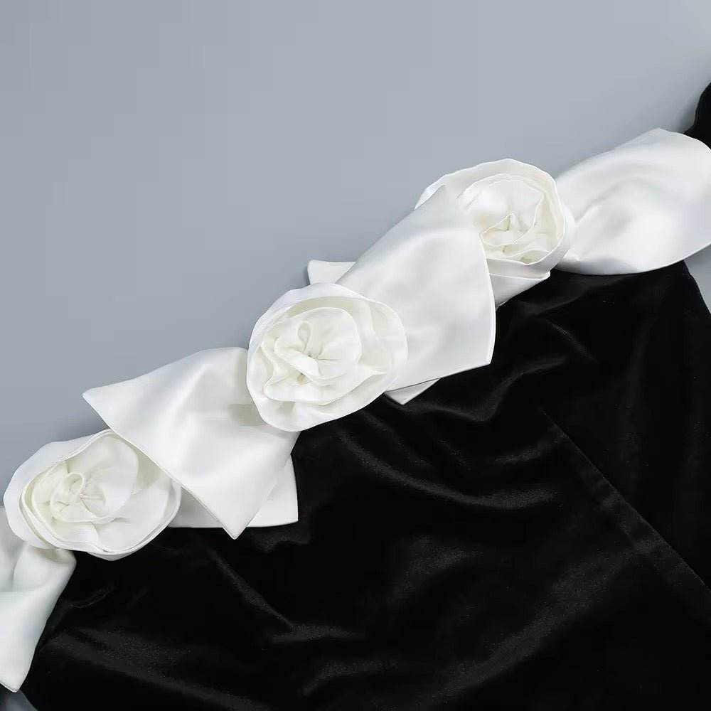 Velvet Strapless 3D Flowers Long sleeves Off Shoulder Dress - REBECATHELABEL