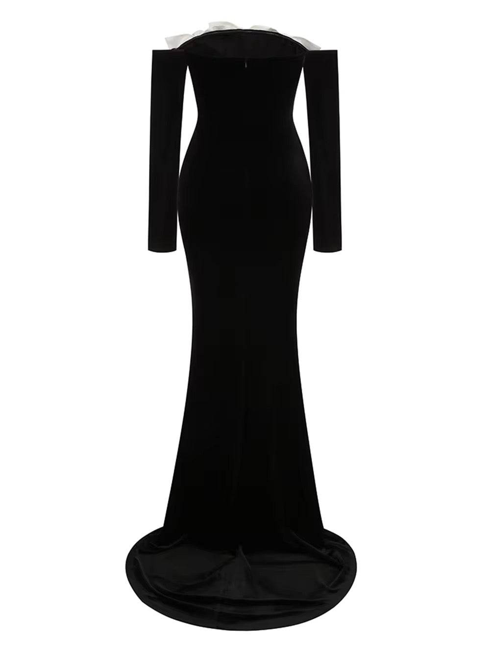 Velvet Strapless 3D Flowers Long sleeves Off Shoulder Dress - REBECATHELABEL