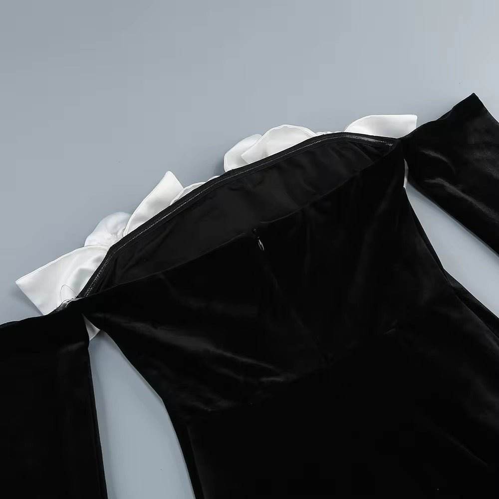 Velvet Strapless 3D Flowers Long sleeves Off Shoulder Dress - REBECATHELABEL