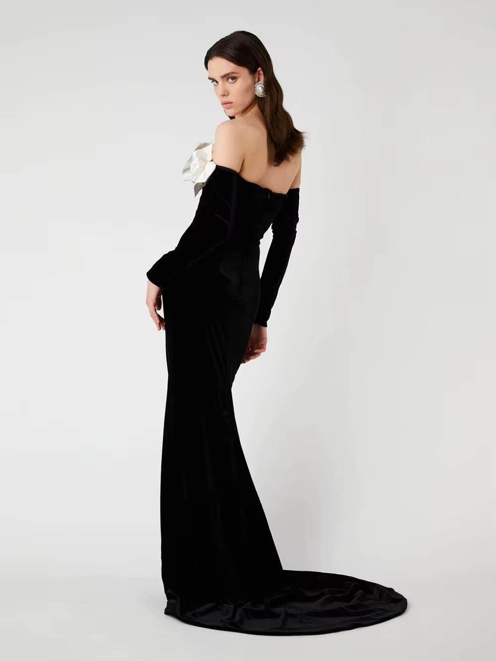 Velvet Strapless 3D Flowers Long sleeves Off Shoulder Dress - REBECATHELABEL