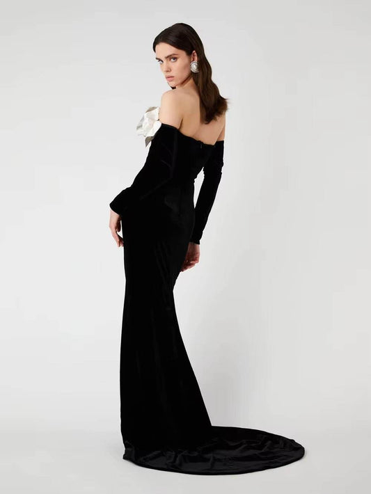 Velvet Strapless 3D Flowers Long sleeves Off Shoulder Dress - REBECATHELABEL