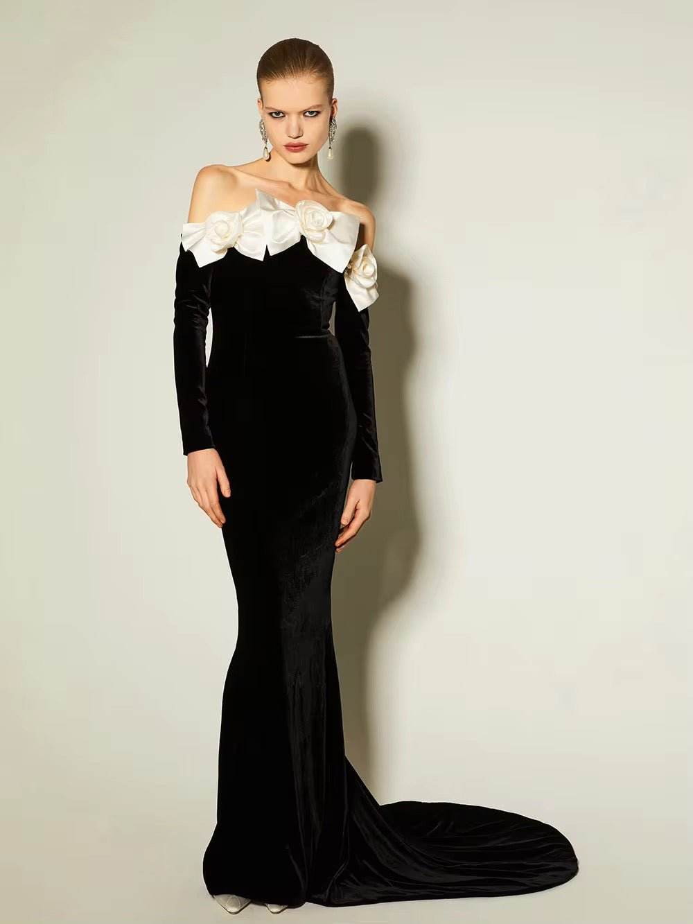 Velvet Strapless 3D Flowers Long sleeves Off Shoulder Dress - REBECATHELABEL