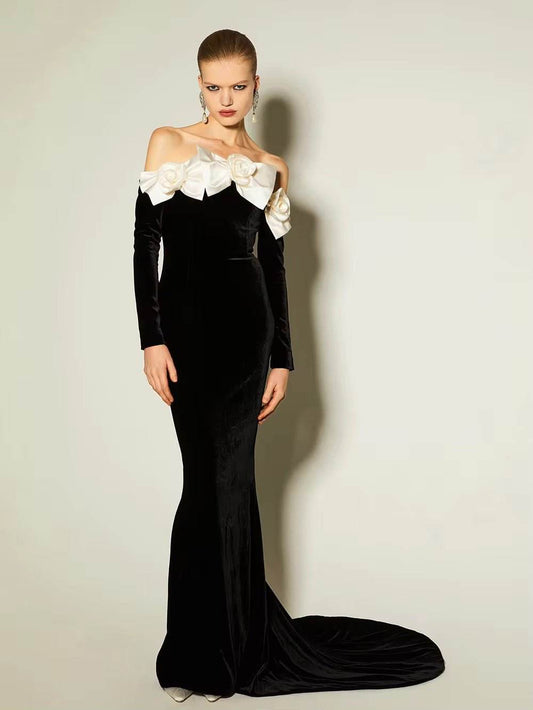 Velvet Strapless 3D Flowers Long sleeves Off Shoulder Dress - REBECATHELABEL