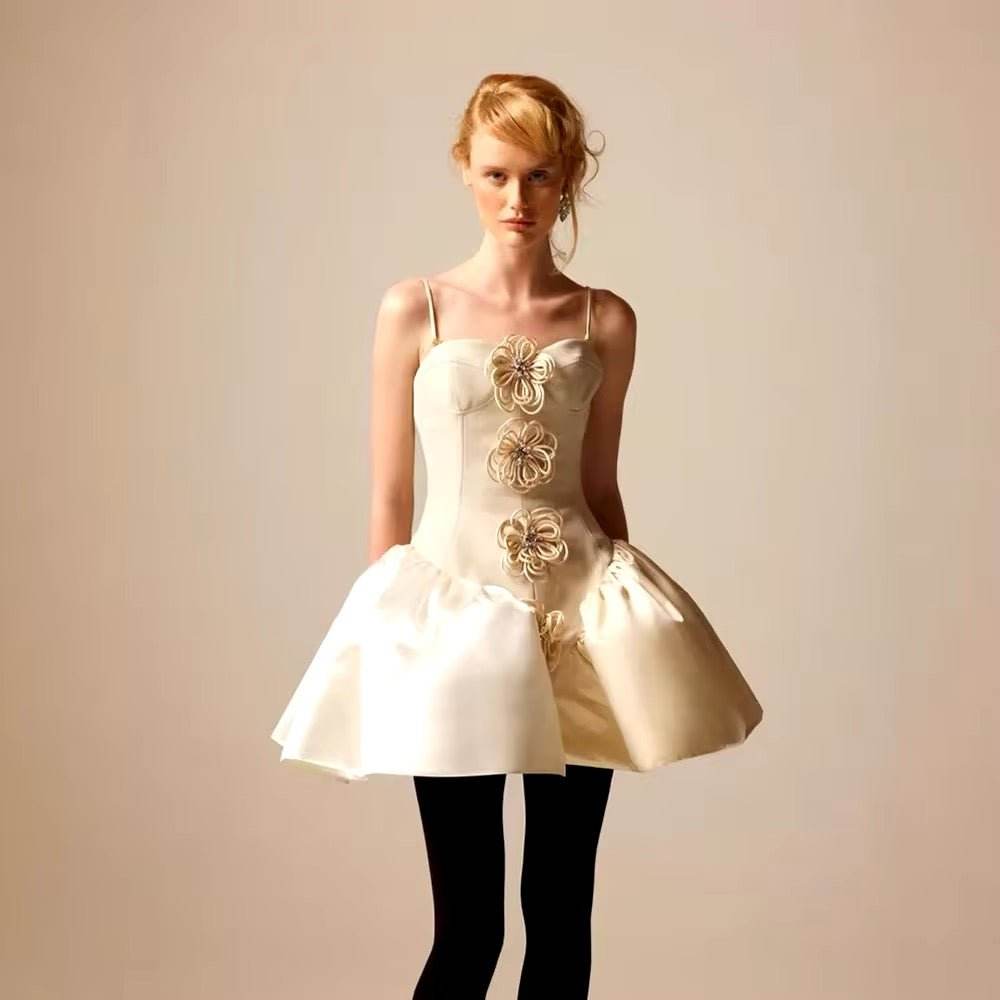 white Appliques Spaghetti Straps Short Ball Gown 3D Flower Stitching Puffy Cocktail dress - REBECATHELABEL