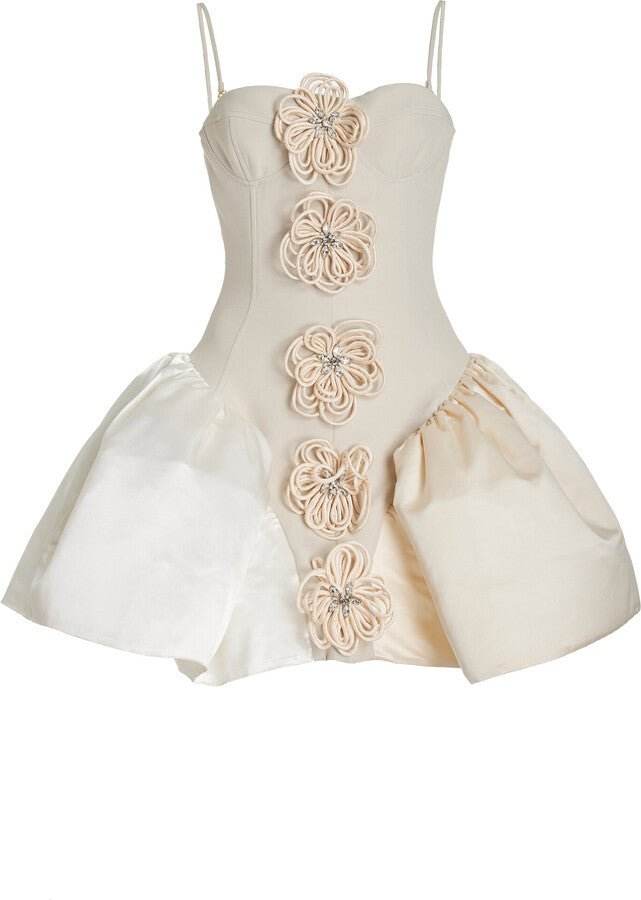 white Appliques Spaghetti Straps Short Ball Gown 3D Flower Stitching Puffy Cocktail dress - REBECATHELABEL