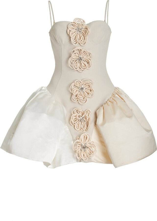 white Appliques Spaghetti Straps Short Ball Gown 3D Flower Stitching Puffy Cocktail dress - REBECATHELABEL