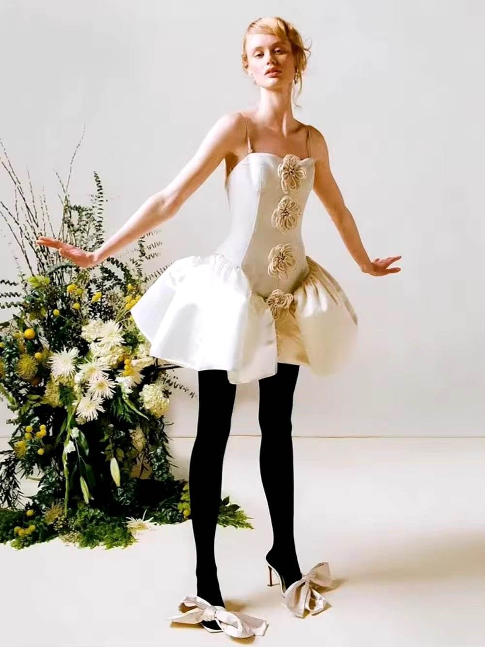 white Appliques Spaghetti Straps Short Ball Gown 3D Flower Stitching Puffy Cocktail dress - REBECATHELABEL