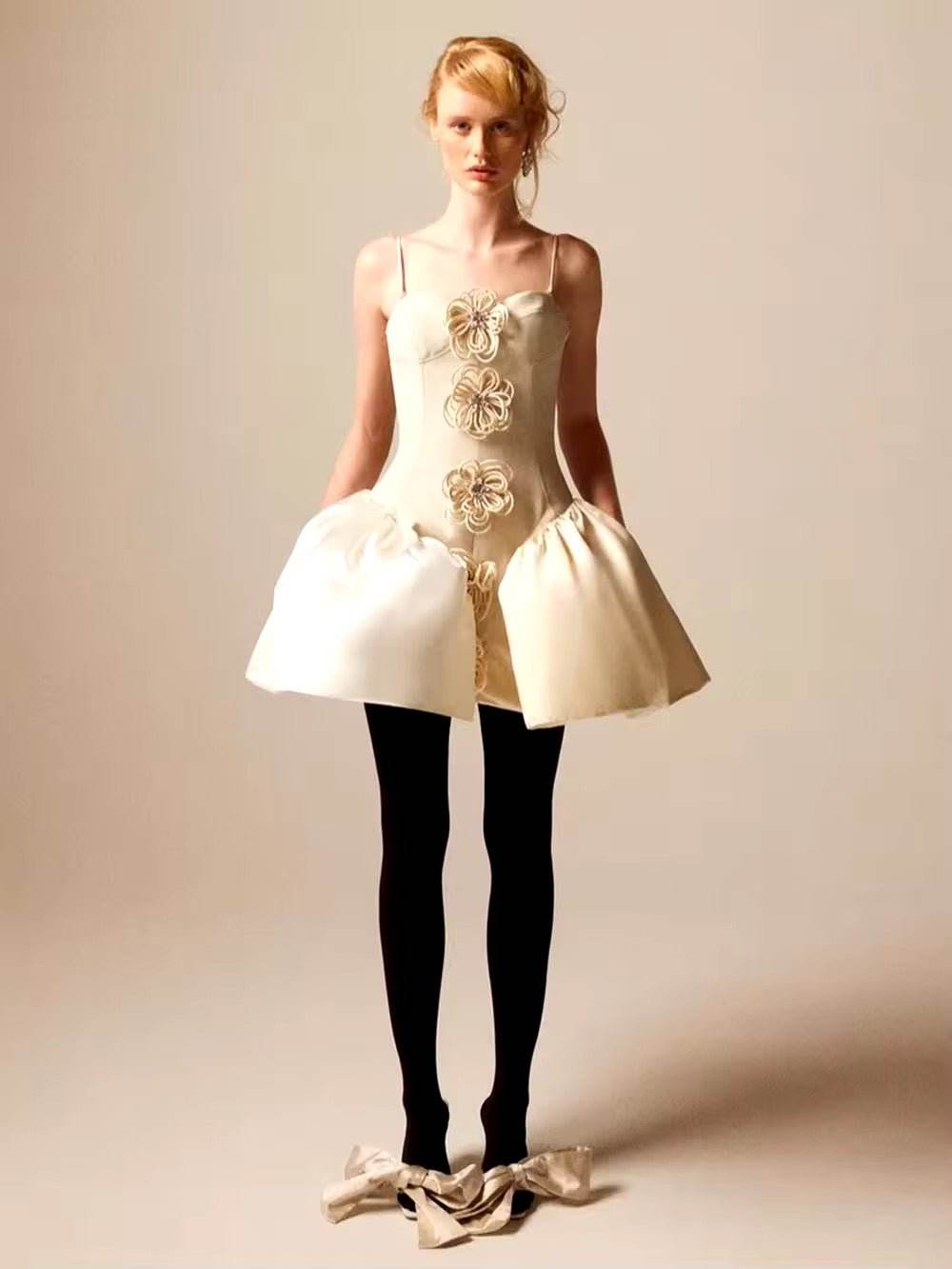 white Appliques Spaghetti Straps Short Ball Gown 3D Flower Stitching Puffy Cocktail dress - REBECATHELABEL