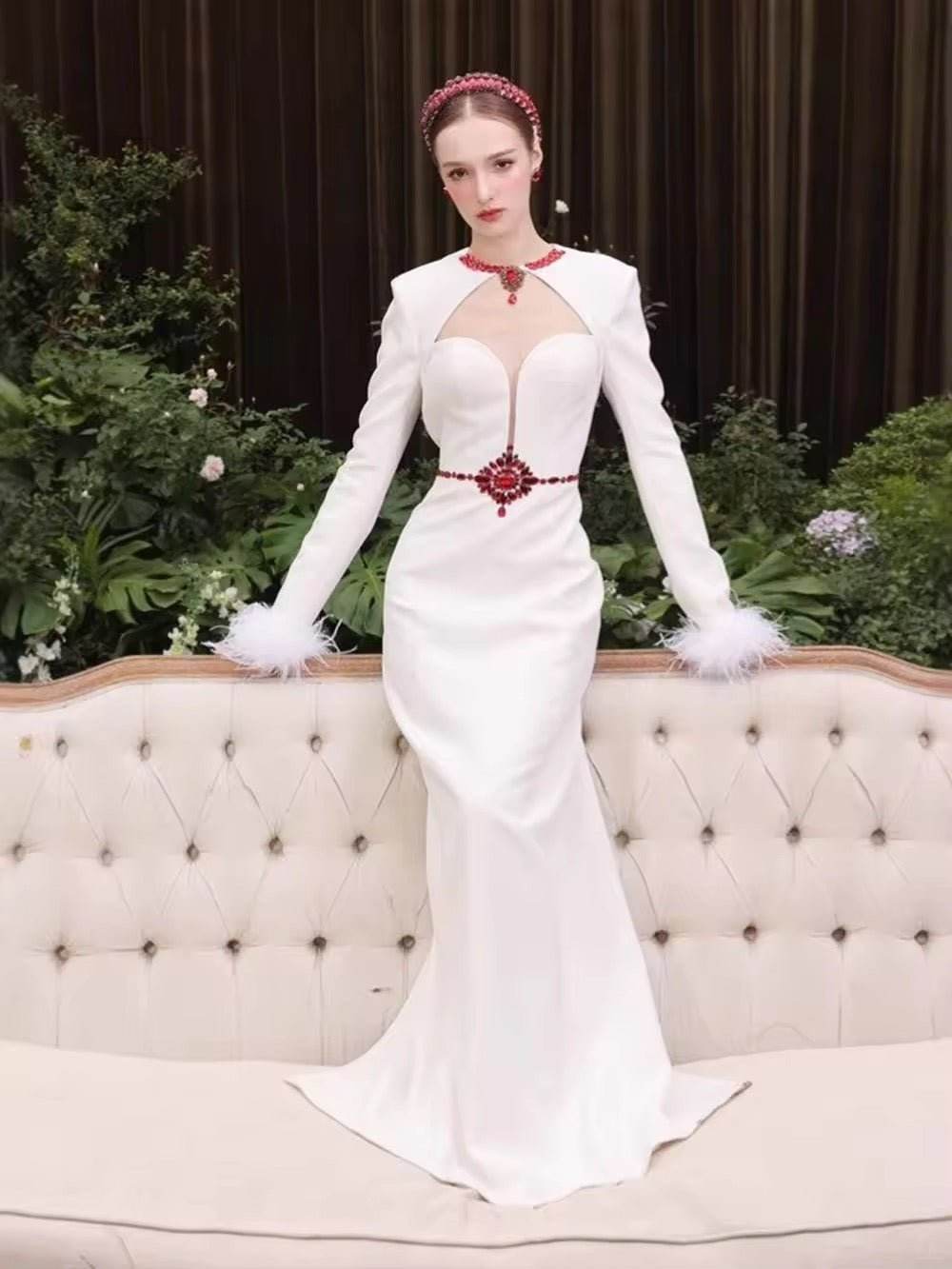 White Feathers Cocktai Bandage Prom Dresses Long Sleeve Tight Crystal - REBECATHELABEL