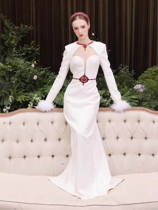 White Feathers Cocktai Bandage Prom Dresses Long Sleeve Tight Crystal - REBECATHELABEL