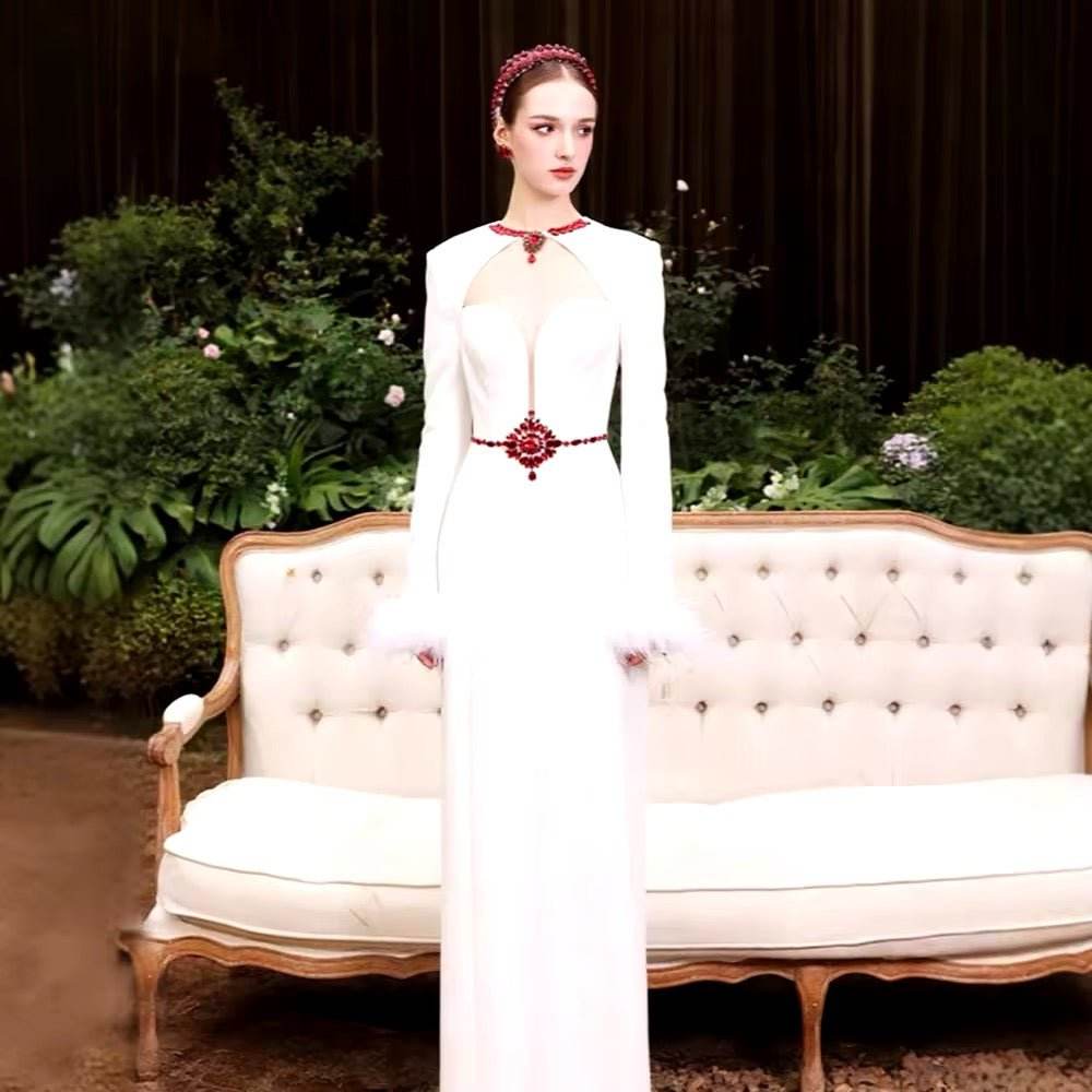 White Feathers Cocktai Bandage Prom Dresses Long Sleeve Tight Crystal - REBECATHELABEL